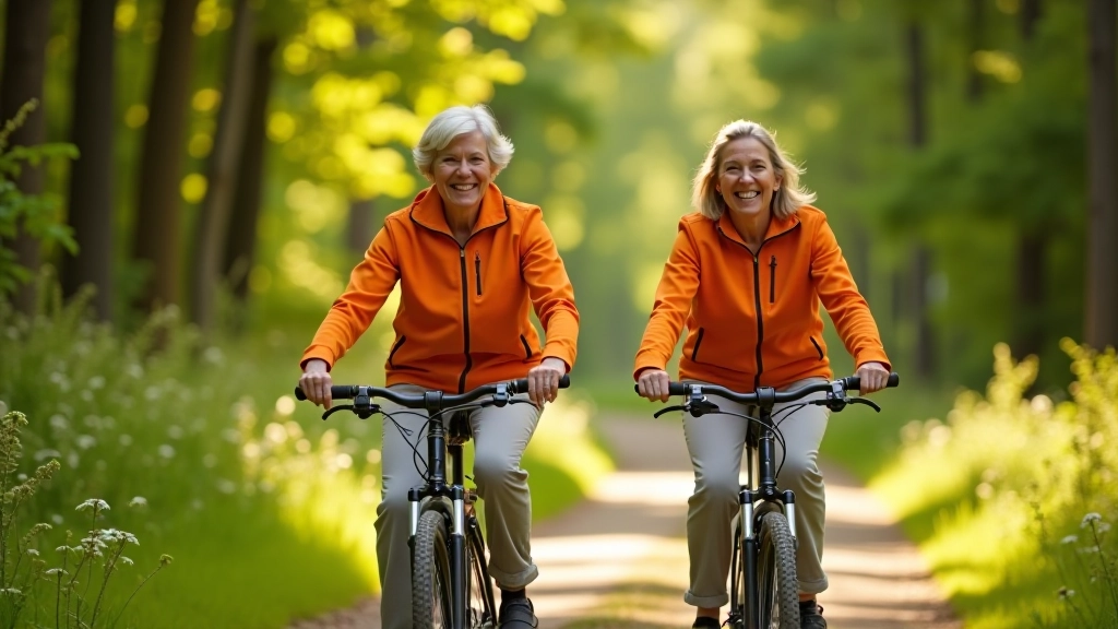 Divas vecāka gadagājuma sievietes uz velosipēdiem meža ceļa malā, smaidīgas, oranži jakas